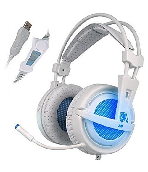 SADES A6 Frost Blue 7.1 Virtual Surround Sound USB Headset Headphones with Microphone Volume Control LED Lights  